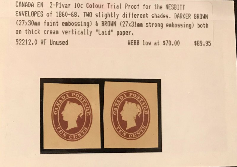 Canada #2-P1var 10c Colour shades Trial Proof for the NESBITT Envelopes -1860-68