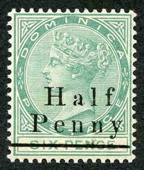 Dominica SG17 Half Penny on 6d Green U/M