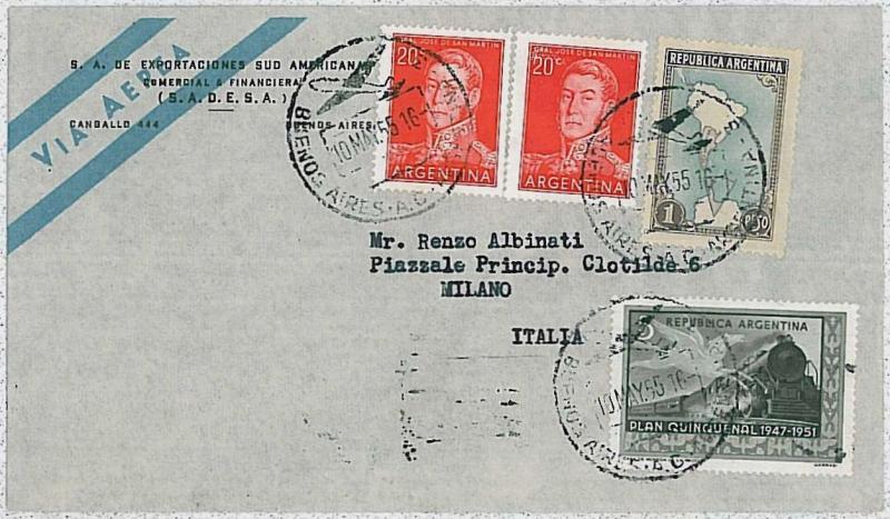 TRAIN - ARGENTINA - Postal History : AIRMAIL to ITALY - 1955