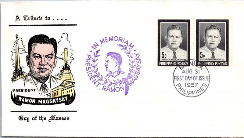 Philippines FDC 1957 - Ramon Magsaysay - 2x5c Stamp - Pair - F43282