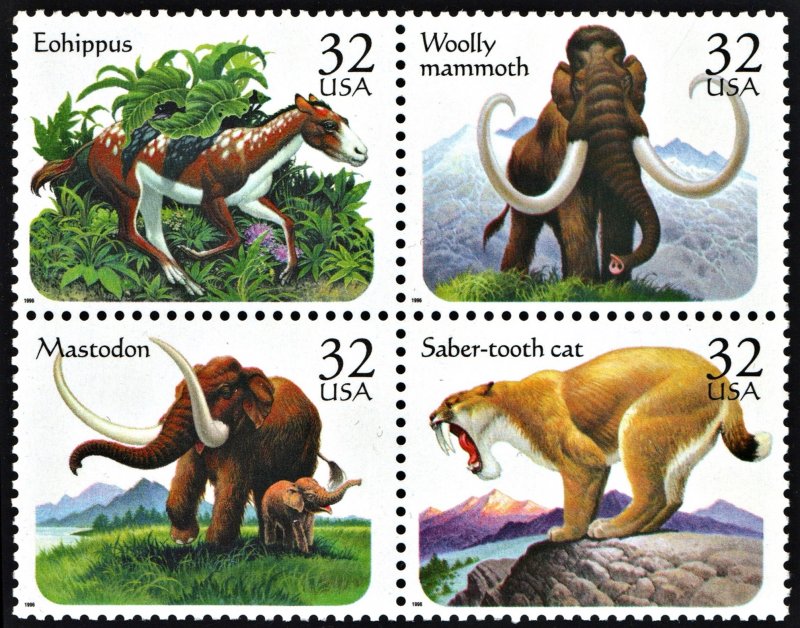 SC#3077-80 32¢ Prehistoric Animals Block of Four (1996) MNH