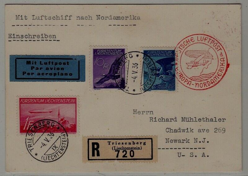 Liechtenstein/USA Zeppelin registered card 4.5.36