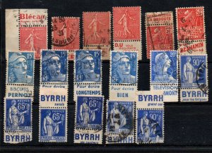 France 35 Various Used Stamps with Ad labels