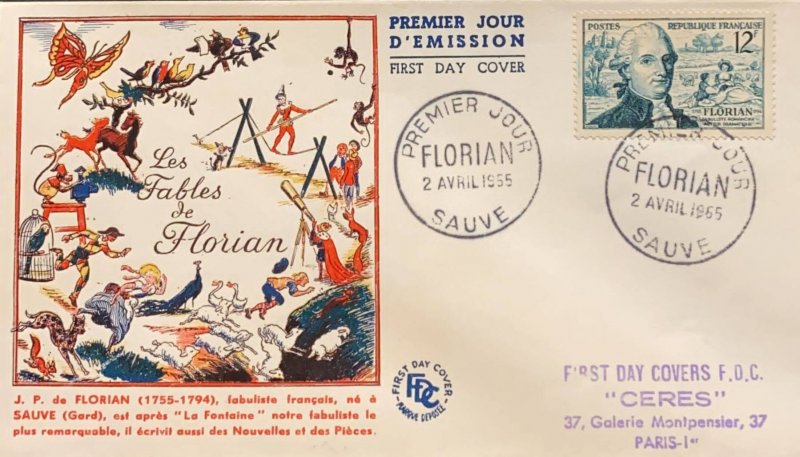 P) 1955 FRANCE, FDC, FLORIAN FABULISTTHE, 200TH ANNIVERSARY OF BIRTH STAMP, XF