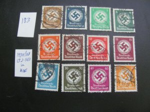 Germany 1934/38 USED  MI. 132-143 OFFICIAL SET  XF 40 EUROS (183)