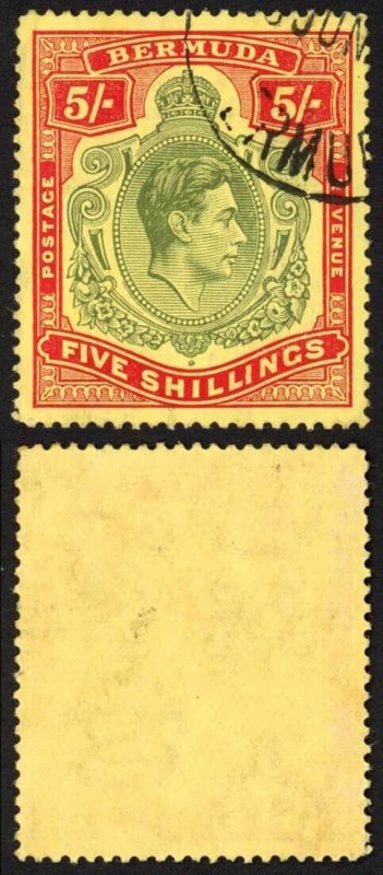 Bermuda SG118b KGVI 5/- Pale Green and Red/yellow Line Perf 14.25 (Ref 28)