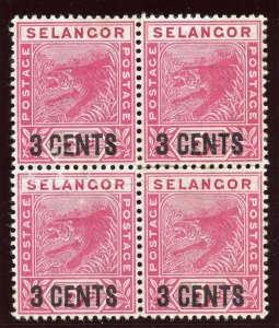 Malaya - Selangor 1894 'Tiger' 3c on 5c rose block of four MNH. SG 53. Sc 28.