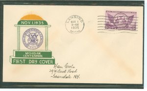 US 775 1935 3c Michigan Centennial (single) on an addressed FDC with a cachet by an Unknown Publisher