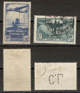 FRANCE - USED SET - AIRMAIL - PLANE - PERFIN, PERFINS ON STAMP 10Fr - 1936.