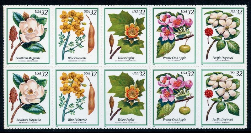 US Scott 3193-97 32c Flowering Trees Block of 10 Two Strips of 5 MNH