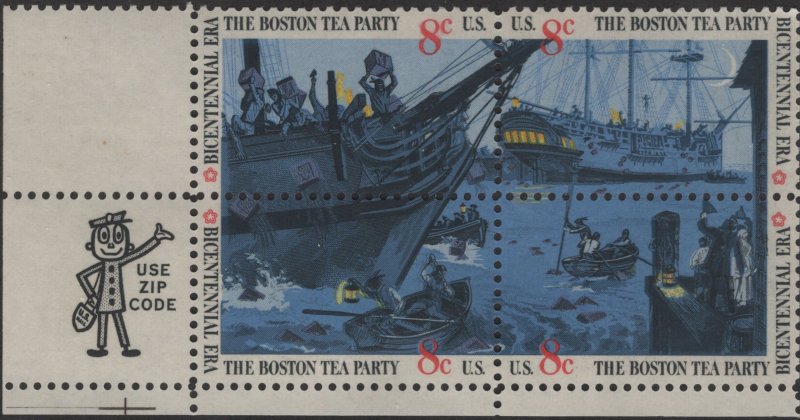 SC#1480-83 8¢ Boston Tea Party Bicentennial Zip Block (1973) MNH