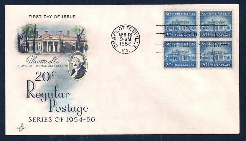 UNITED STATES FDC 20¢ Monticello BLK 1956 ArtCraft HC