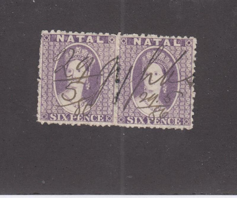 NATAL # 16a PAIR QUEEN VICTORIA 6p's PEN CANCELLED CAT VALUE $70+