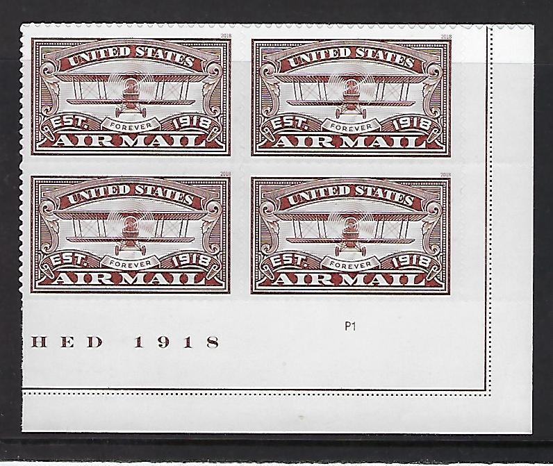 5282 Catalog # Plate Block of 4 Foreve (50c) Stamps Red Airmail 1918  2018