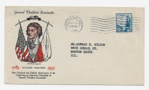 US 734 (PL-2) 5c General Kosciuszko FDC Kosciusko ILL Linprint Cachet ECV $40.00