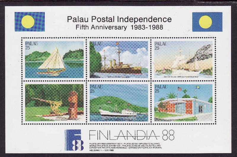 Palau-Sc#196- id7-unused NH sheet-Ships-Postal Independence-1988-