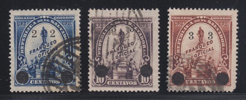 Salvador Sc O254,O256,O257 used. 1905 surcharged Officials