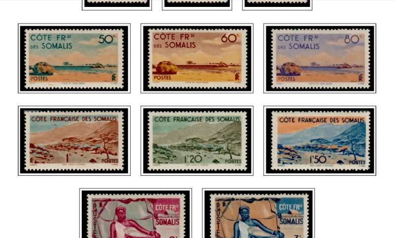 COLOR PRINTED SOMALI COAST 1894-1966 STAMP ALBUM PAGES (40 illustrated pages)