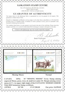 Canada #1693a Extra Fine Never Hinged Missing Moose Dramatic Variety *With Cert*
