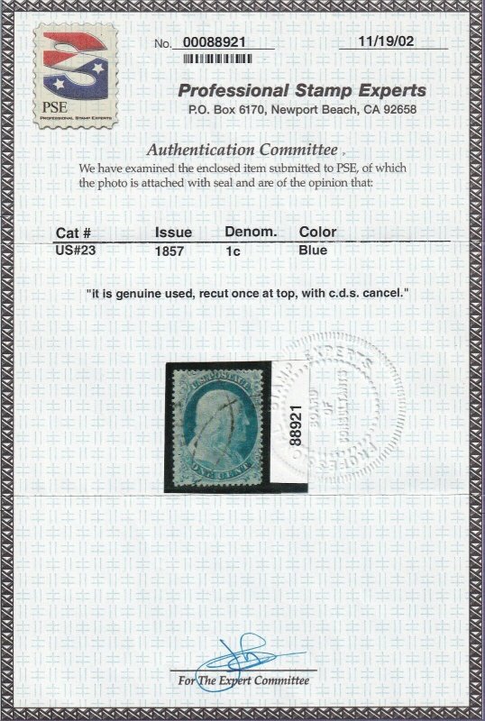 23 F-VF used PSE certificate neat light cancel nice color cv $ 900 ! see pic !