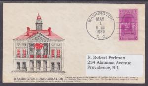 US Planty 854-33 FDC. 1939 3c Washington's Inauguration, Washington, DC Cancel