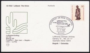 GERMANY 1982 Lufthansa first flight postcard to Bogota Columbia............A6386