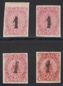 PARAGUAY 1884 PROVISIONAL Sc 19 FOUR SINGLES SHADES ROSE THRU CARMINE MINT