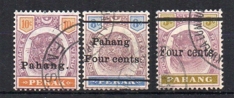 Malaysia - Pahang 1898-99 Perak opt + 4c surcharge values FU CDS