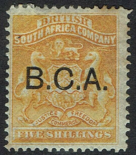 BRITISH CENTRAL AFRICA 1891 BCA OVERPRINTED RHODESIA ARMS 5/- 