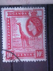 KENYA, UGANDA, TANZANIA,  1954 used 10c , Giraffe, Scott 104