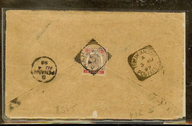 MALAYA PERAK (P1312B) COVER  PERAK 3C TIGER 1899 TAPAH TO PENANG