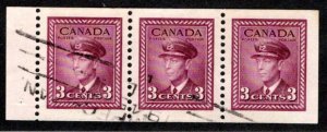 252b, Scott, 3c , VF, Used, War issue, booklet pane of 3 x 3c (Bk 38), Canada