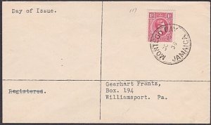 JAMAICA 1938 GVI 1d definitive on FDC ex Montego Bay.......................A1899 