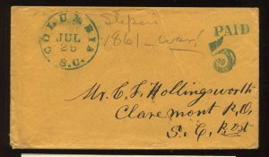 Confederate Columbia South Carolina Stampless 'PAID 5' Cover CSA CV $250 LV6681