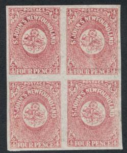 NEWFOUNDLAND 18 MINT NH, BLK OF 4, 4 MARGIN, 4p ROSE