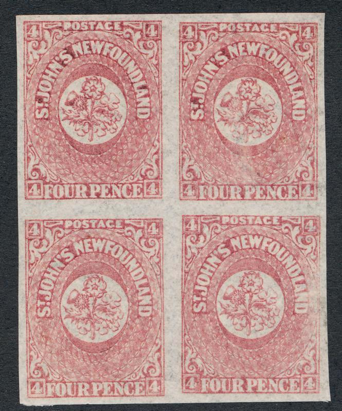 NEWFOUNDLAND 18 MINT NH, BLK OF 4, 4 MARGIN, 4p ROSE