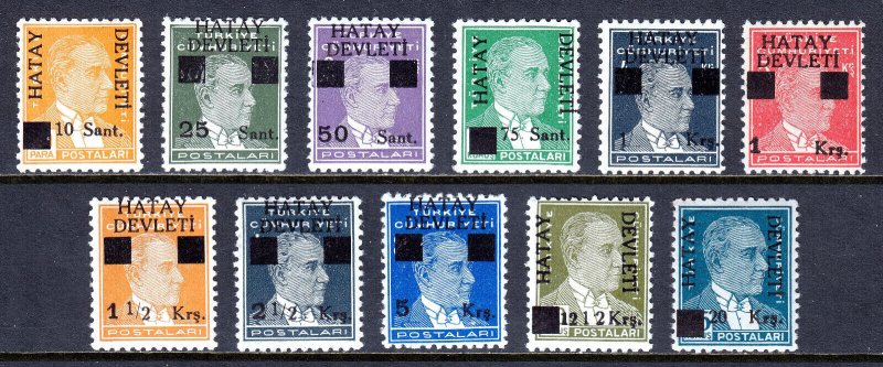 HATAY — SCOTT 1-15 — 1939 ATATÜRK SURCHARGE SET — MH — SCV $56
