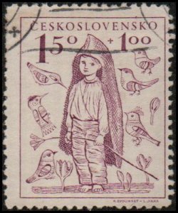 Czechoslovakia B163 - Cto - 1.50k+1k Barefoot Boy / Birds (1948)