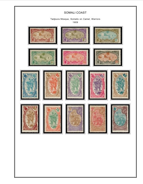 COLOR PRINTED SOMALI COAST 1894-1966 STAMP ALBUM PAGES (40 illustrated pages)
