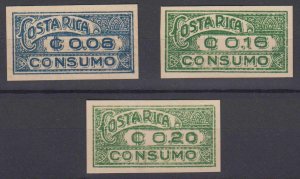 COSTA RICA 1940 REVENUES CONSUMPTION TAX Mena Unlisted 3 IMPERF PROOFS ON CARD 
