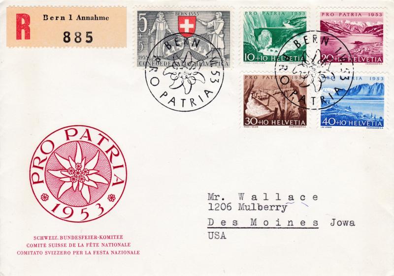 Switzerland 1953 Pro Patria Complete (5) First Day Cover Registered to U.S.