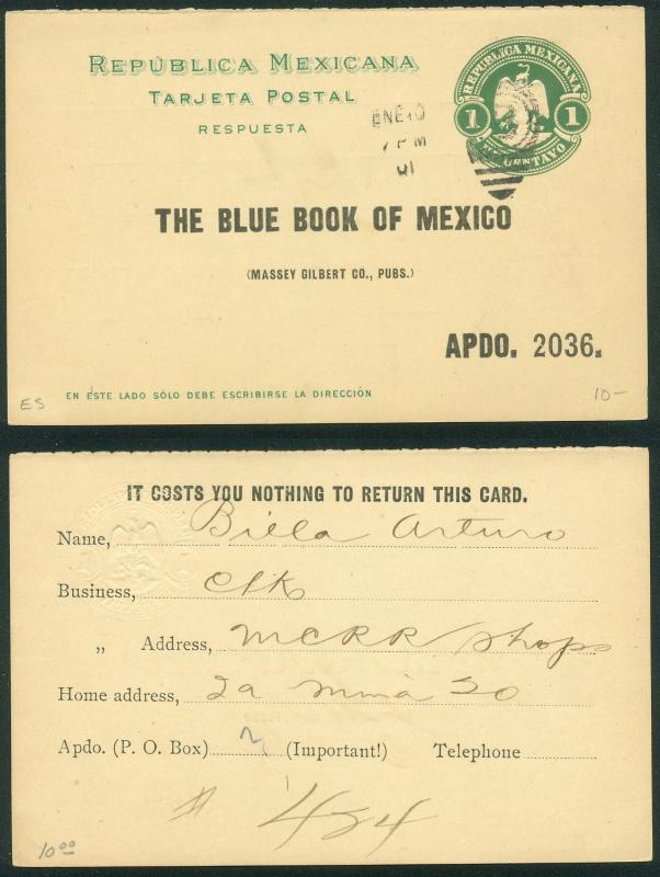 MEXICO 1c POST STAT PAID REPLY POSTCARD W PRE-PRINTED ADDRESS. F-VF. (59)