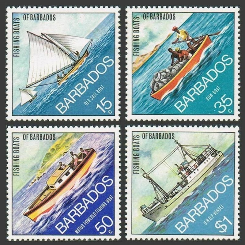 Barbados 392-395,MNH.Michel 361-364. Fishing Boats 1974.Old sailboat,Ro-boat,