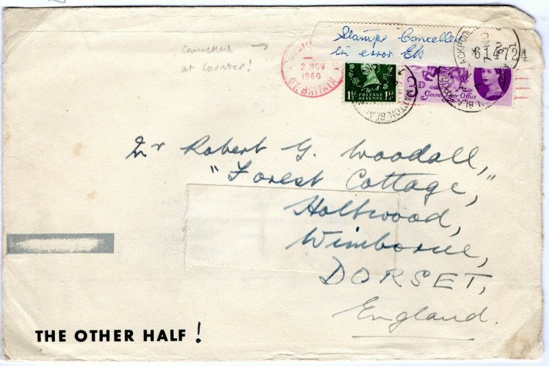 GB Lancs Cover *Stamps Cancelled in error* Manuscript Blackpool 1960 68.11