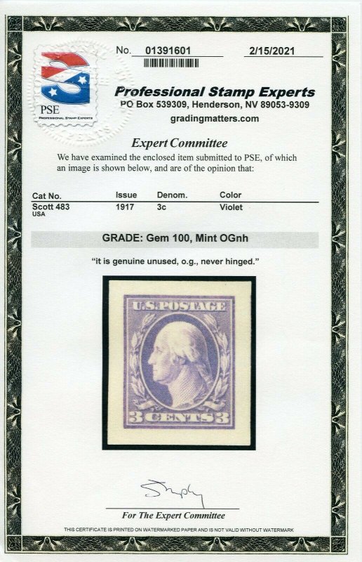 US SCOTT #483 MINT-GEM-OG-NH GRADED 100 W/ PSE CERT SMQ $90 (3/6/21 GP)