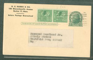 US 848/UX27 1c dhorizontal coil pair (Washington/prexy) upgrading a 1c Jefferson postal card to pay the internatiional post card