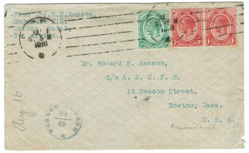 SOUTH AFRICA 1918 KGV CENSOR COVER TO USA WITH LETTER 