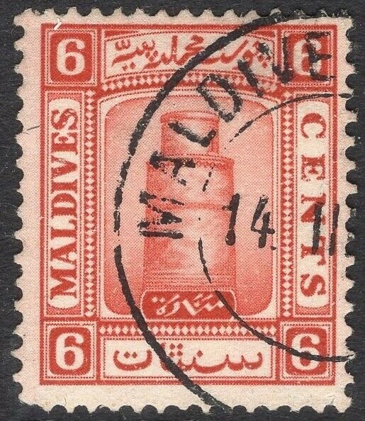 MALDIVE ISLANDS-1933 6c Scarlet watermark sideways Sg 15b FINE USED V50059