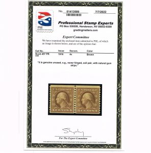 EXCELLENT GENUINE SCOTT #437 F-VF MINT OG NH 1916 BROWN COIL PAIR PSE CERT