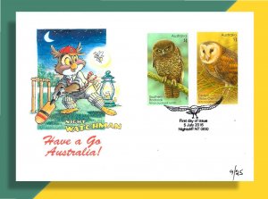 AUSTRALIAN OWLS FDC • 2016 • Cricket-playing OWL Cachet by Dave Bennett